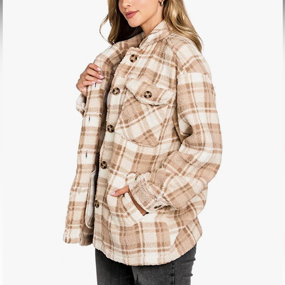 Women’s Cozy Soft Sherpa Teddy Coat Plaid Shacket
